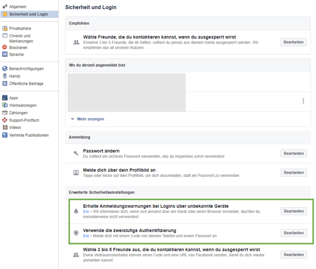 Facebook-Sicherheitseinstellungen