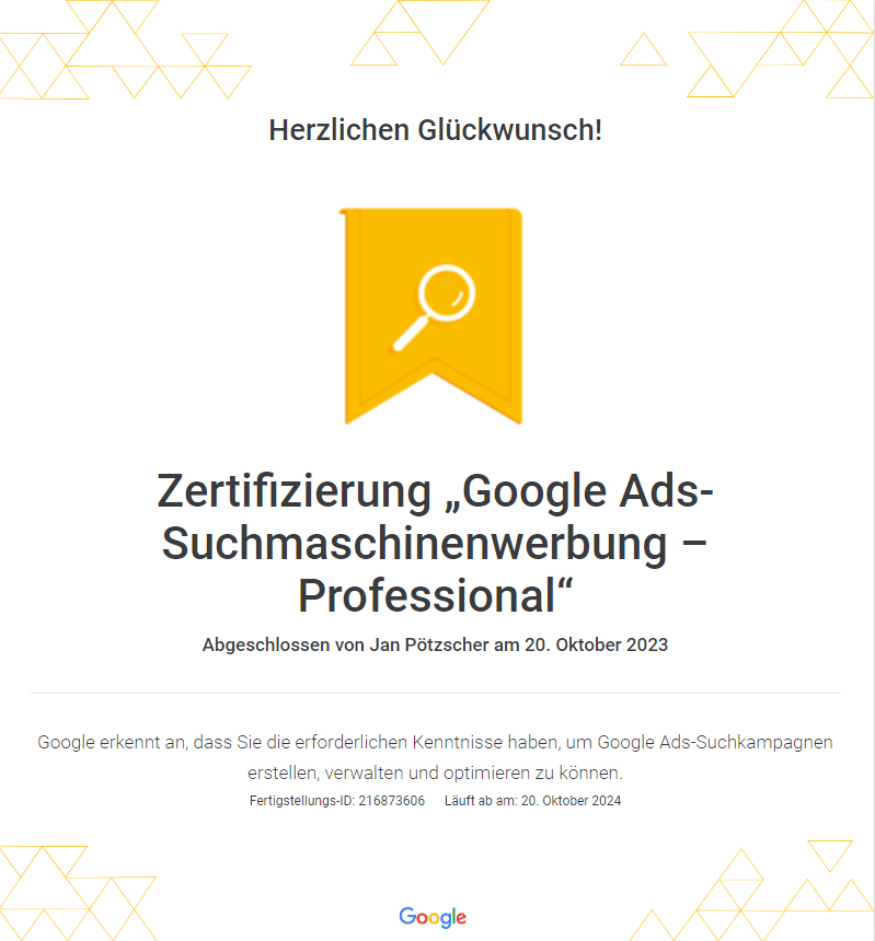 Google Ads Suchmaschinenwerbung Zertifikat Professional